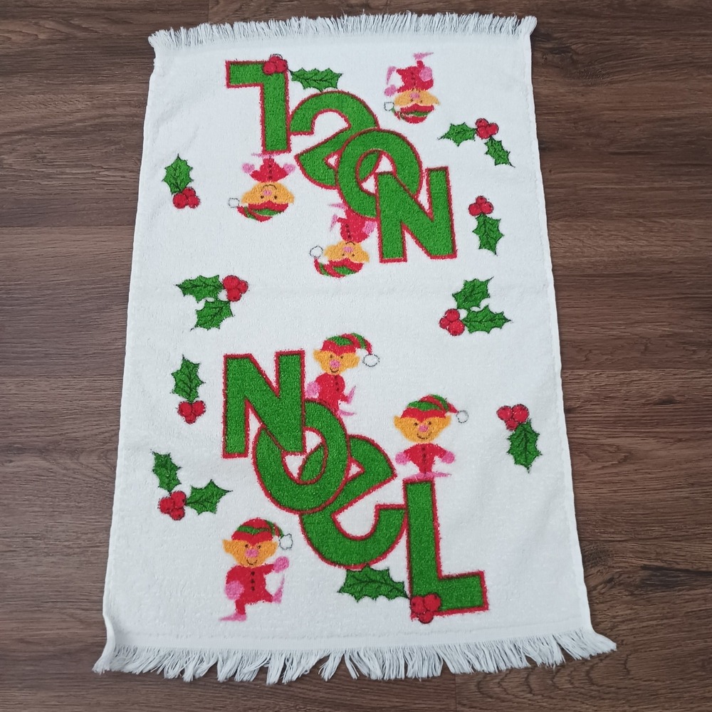 Vintage Christmas Noel Hand Towel White Fringed Elves Holly Holiday Decor 22x15